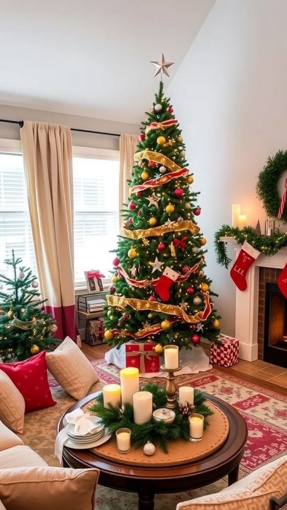 Creative Christmas Decor Ideas A cozy Christmas living room with a decorated tree, fireplace, and festive table setting.